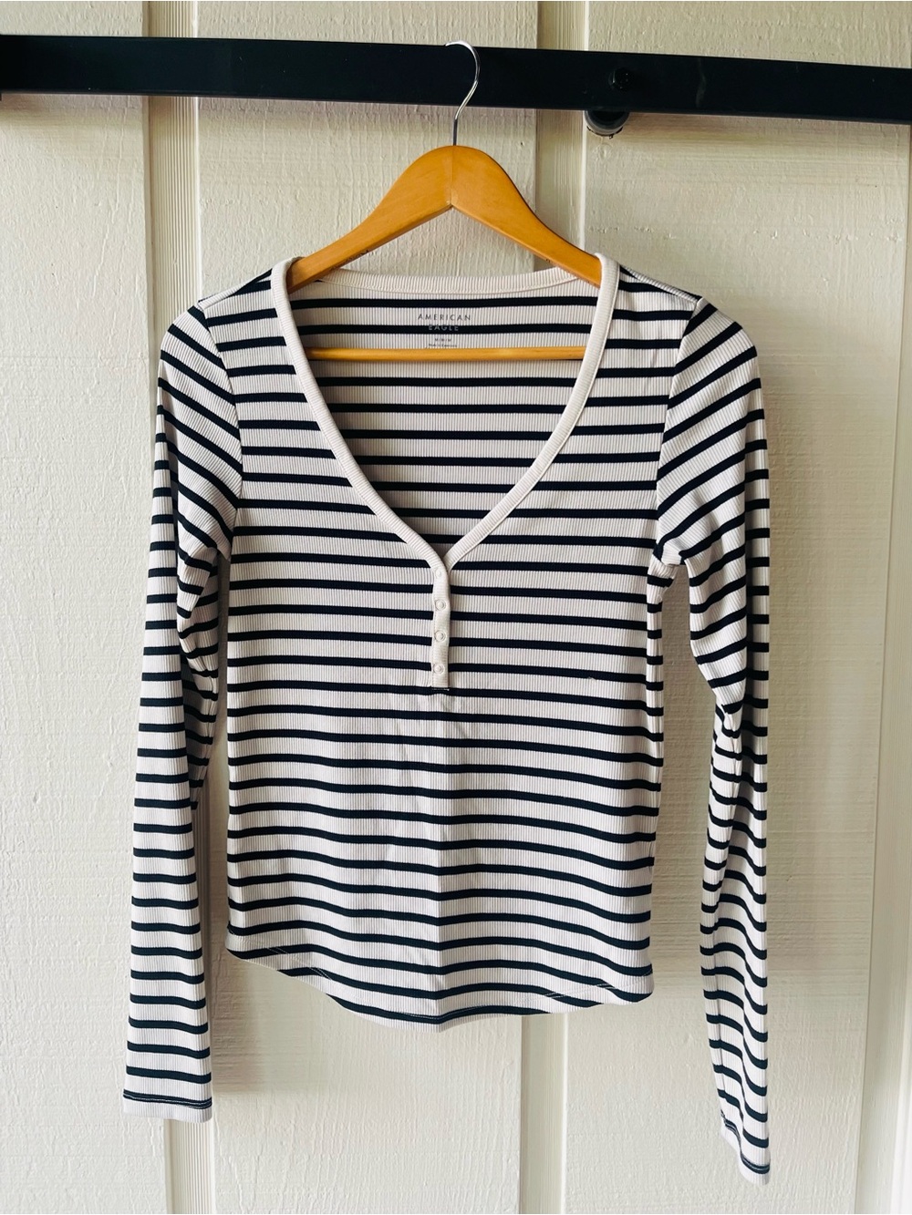 American Eagle Outfitters Black and White Striped Henley Long-Sleeve Top